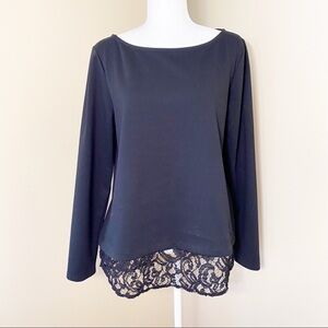 Ann Taylor Lace Hem Knit Long Sleeve Black Top - L